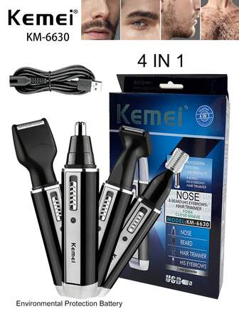 Kemei ماكينة كهربائية 4 في 1 من ماركة كيمي KM-6630 لتنظيف الأنف والأذن للرجال، مجموعة تنظيف وتشذيب، قابلة للشحن عبر USB، لتشذيب اللحية والشعر الجانبي، مجموعة العناية بالوجه للرجال، ماكينة حلاقة وإزالة الشعر، مجموعة ماكينة حلاقة محمولة، ماكينة تشذيب الشعر