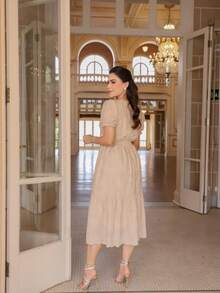Elegant Midi Dress In 3D Lace, Lined, With Puff Sleeves, Ruffles, And Princess Neckline. - Sand Beige - View 2