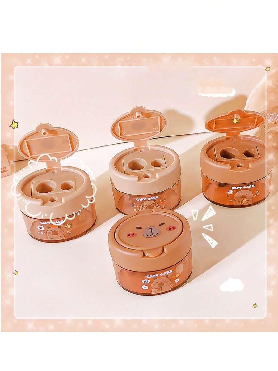 Sacapuntas de doble orificio con tapa divertida, sacapuntas manual portátil y lindo de rotación con doble orificio, sacapuntas de dibujos animados creativos para estudiantes