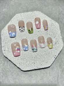 10片春季可爱手工按压式美甲贴，花朵、云朵、樱桃图案美甲贴纸，可重复使用棺材形美甲贴，美甲用品（1张果冻贴+1个指甲锉） - 彩色 - 查看 11