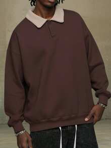 Men's Casual Sherpa Patchwork Collar Pullover Sweatshirt, Minimalist Style For Winter - Brown - View 1