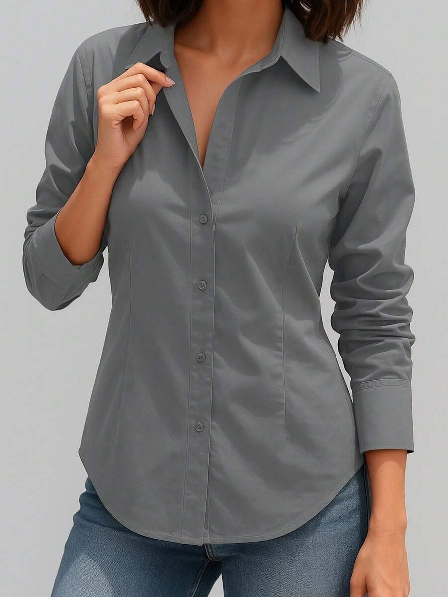 Áo sơ mi dài tay nữ màu trơn cài cúc phía trước, kiểu dáng thường ngày, thích hợp cho mùa xuân. - Xám - Xem 1