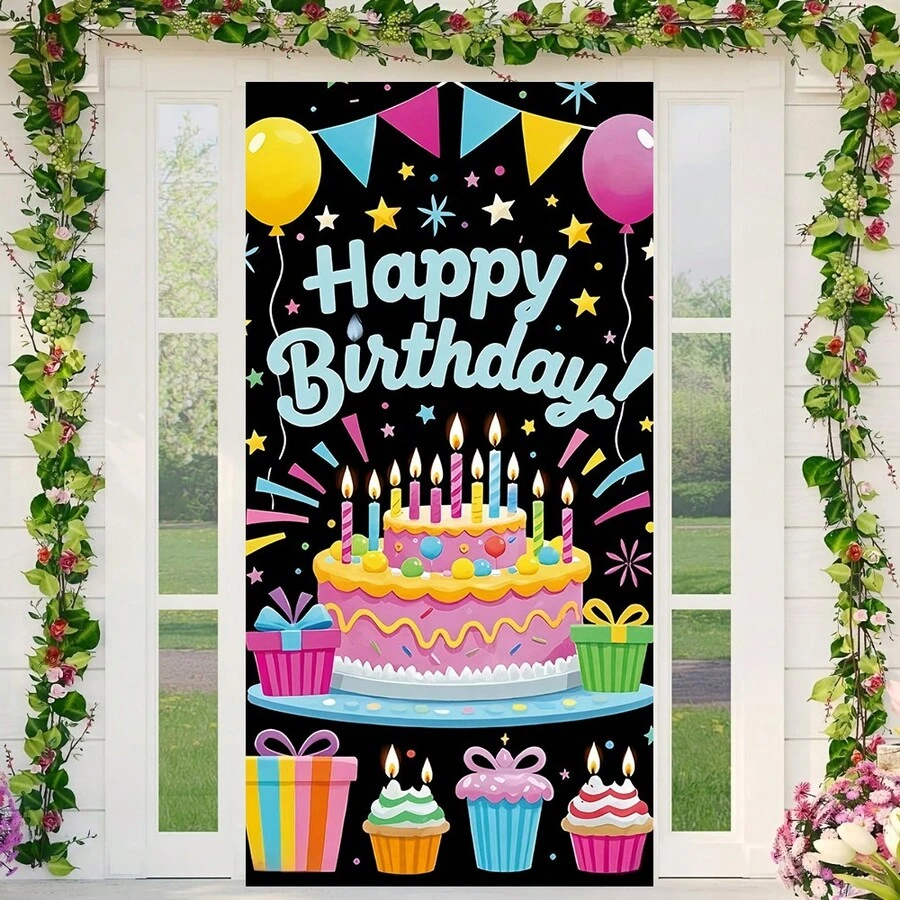 1 Piece Happy Birthday Door Banner - Colorful Birthday Celebration With Cake, Balloons And Flags, Gift Box Pattern, Suitable For Birthday Celebration, Photo Booth Photography Background, Home Decoration, Wall, Indoor And Outdoor, Garden Courtyard Decoration Background, Party Supplies, Theme Party - Multicolor - View 1