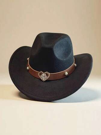 1pc Western Cowboy Hat Suitable For Both Men And Women, With A Detachable Heart-Shaped Pearl Hat Chain, Perfect For Casual Wear On A Daily Basis. It Is An Ideal Choice For Cowboy Parties And Bar Cowboys