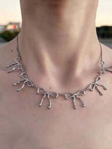 女士夏季新款蝴蝶结流苏项链，小众时尚，全钢锁骨链，性感高端颈链 - A - 查看 1