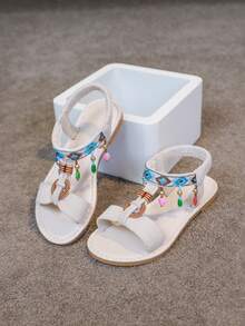 1 Pair Summer Fashion Minimalist Casual Beach Retro Elastic Band Outdoor Girls Flat Bohemian Roman Sandals - Beige - View 2