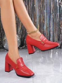 2026 早春新款搭扣方头粗跟高跟鞋，法式复古风高跟鞋，百搭办公鞋 - 紅色 - 查看 10