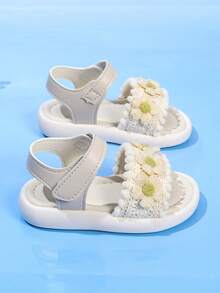 1双柔软舒适的女童凉鞋，新款夏季花卉图案轻便时尚百搭沙滩凉鞋，防滑耐穿休闲学生凉鞋，圣诞节 - 米色 - 查看 7