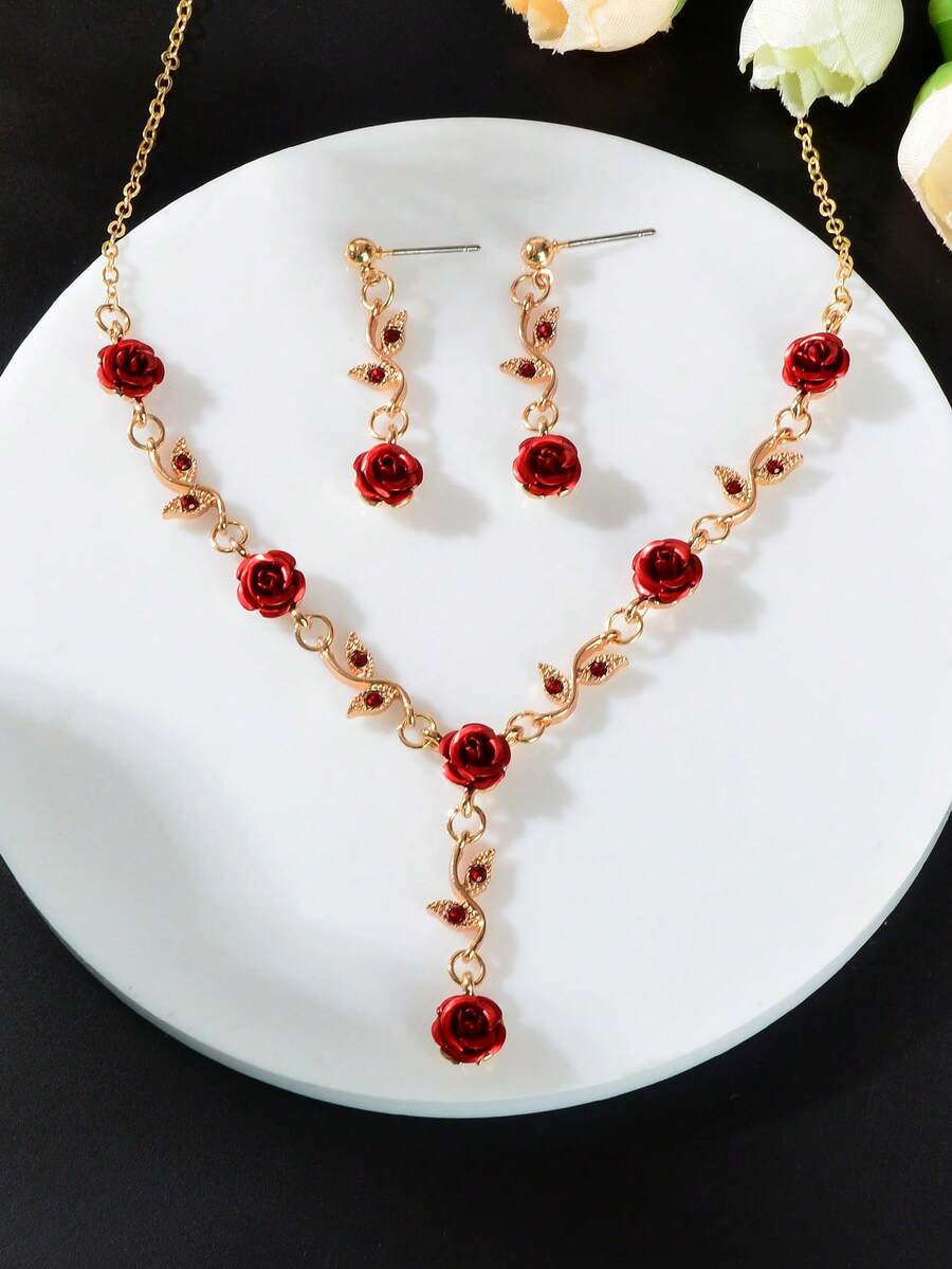 新款优雅金叶红玫瑰吊坠项链耳环新娘首饰套装 - 紅色 - 查看 1