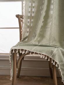 1pc Green & Beige Bohemian Tassel Hollow-Out Jacquard Knit Curtain, Nordic Style Pure Living Room Bedroom Home Decor, Holiday & New Year Decoration - Green - View 7