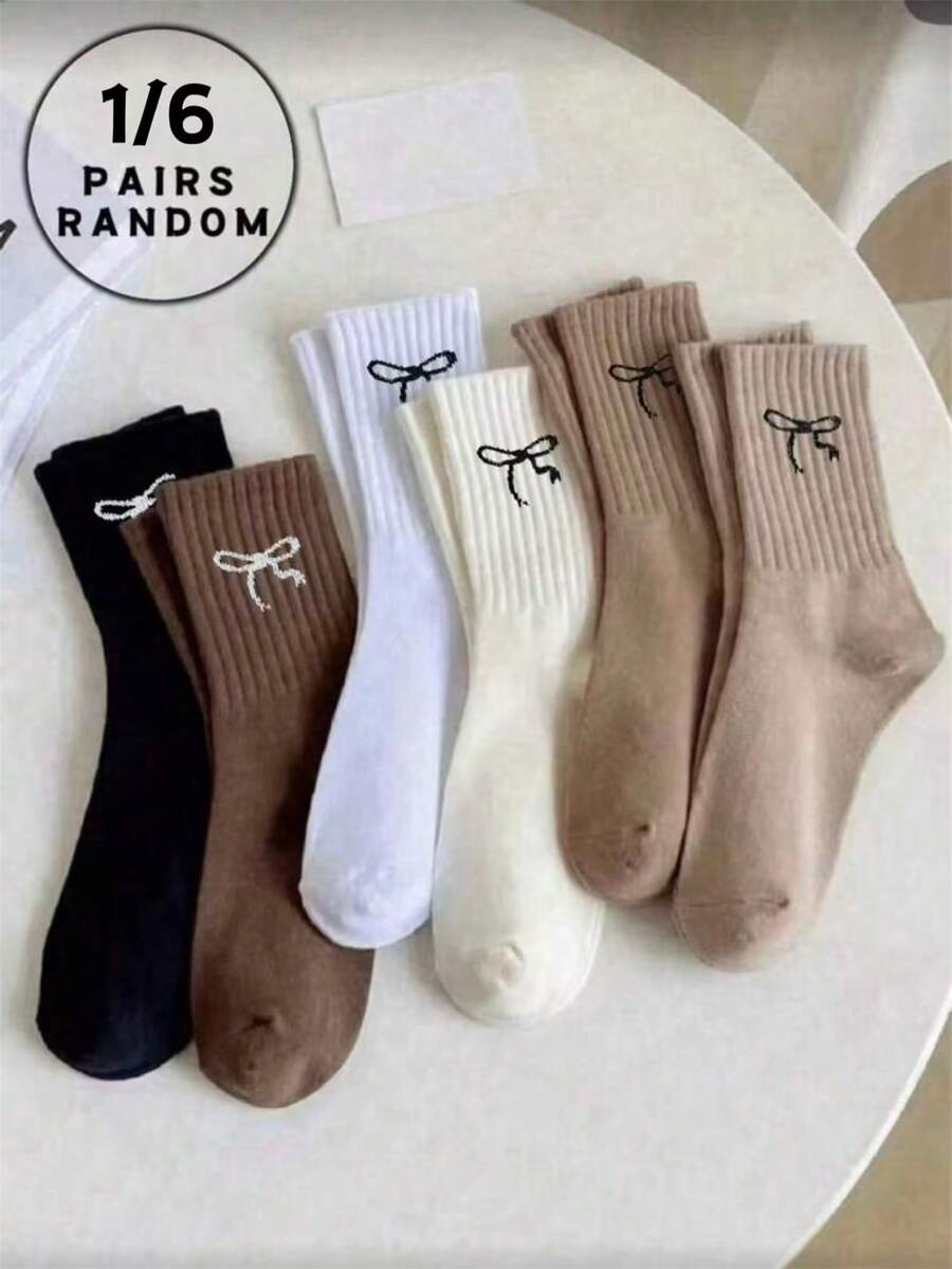 1 Pair/ 6 Pairs, Autumn And Winter Styles, Random Earth Color Bow, Sports, Soft, Comfortable, Breathable, Portable, Fashionable And Personalized Socks For Campus And College Wear, Essential For Girls And Boys, Campus Parties, Daily Home And Leisure Wear, Soft And Comfortable Men's And Women's Crew Socks - Multicolor - View 1