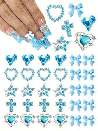 30 piezas Juego de adornos para uñas 3D - Lazos azul cielo lindos de estilo Kawaii, estrellas, cruces, corazones y rhinestones - Accesorios de arte de uñas Y2K para una manicura impresionante