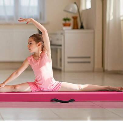 Barra de equilibrio de gimnasia plegable de 2,4 m para niños con bolsa de transporte para el hogar, color rosa
