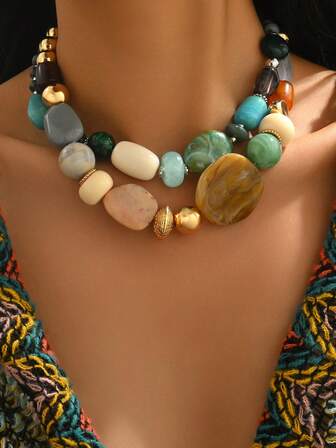 1件复古优雅波西米亚多巴胺色不对称花卉树脂串珠项链，高端珠宝礼品，适合女性，可用于派对、节日、情人节、感恩节等场合，全年皆可佩戴。每颗树脂珠的颜色和图案都独一无二，可能存在轻微的模痕，此属正常现象。