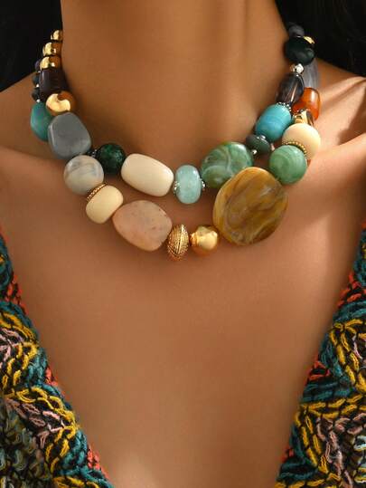 1 Set Vintage Elegant Bohemian Dopamine Color Asymmetrical Floral Resin & CCB Beaded Necklace, New Asymmetrical Brown Floral Resin Beaded & Red Coral Beaded Necklace, Multiple Options, High-End Jewelry Necklace For Women, Can Be Purchased Individually Or As A 2-Piece Set, Suitable For Holidays, Parties, Gifts, All Seasons Wear, Valentine's Day, Thanksgiving, Friends. The Resin Has Multi-Color Tones And Patterns, Each Bead Is Unique. There May Be Some Slight Scratches From The Mold, Which Is A Normal Phenomenon.