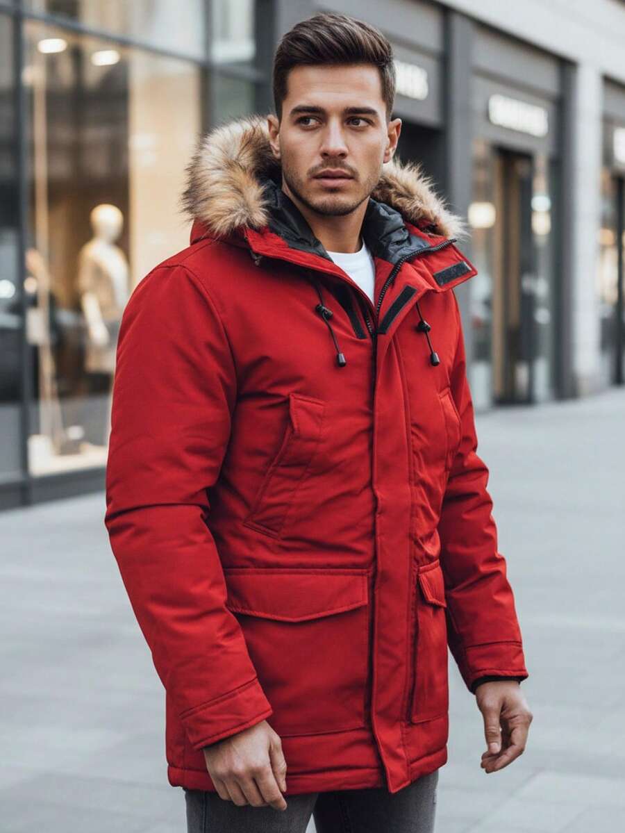 Men's Winter Hooded Jacket With Faux Fur Trim, Adjustable Waist Belt, Large Pockets, Interior Zip Pockets, And Drawstring Cuffs. Made From Durable Structured Polyester Fabric, Suitable For Everyday Wear. - Red - View 1