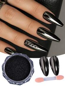 半盒黑色粉末全息镜面黑色美甲闪粉金属光泽哥特风美甲摩擦粉DIY美甲装饰 - 黑色 - 查看 6