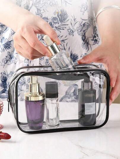 Set de 3 bolsas de maquillaje con cremallera de PVC transparente, bolsa de aseo portátil transparente, bolsa de almacenamiento con cremallera para viajes, adecuada para viajes de negocios, vacaciones, almacenamiento en el baño, organizador transparente minimalista unisex, set de bolsas de aseo y cosméticos de material EVA con cremallera - Transparente, bolsa organizadora de viaje. Adecuada para mochila, artículos de viaje esenciales, vacaciones en la playa. Bolsa de maquillaje transparente a prueba de agua de 1 cuarto, cumple con el estándar de equipaje de mano, estilo bohemio, bolsa, bolsa de maquillaje, artículo de viaje esencial