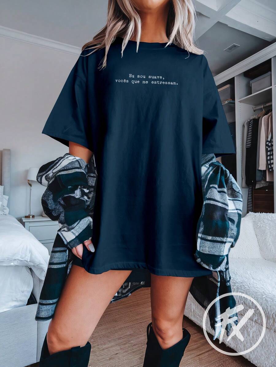 Oversized Gym T-Shirt With Phrases "I'm Chill, You're The Ones Who Stress Me Out" Humor REF 3300 FLUXO FX - Màu xanh hải quân - Xem 1
