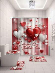 1/4pcs Pink Balloon & Rose Bathroom Set, Decorative Bathroom Set Includes 2D Flat Print Shower Curtain, Bathroom Curtains, Anti-Slip Mat, Toilet Lid Cover, Bath Mat And 12pcs Plastic Hooks, Bathroom Accessories, Home Decor