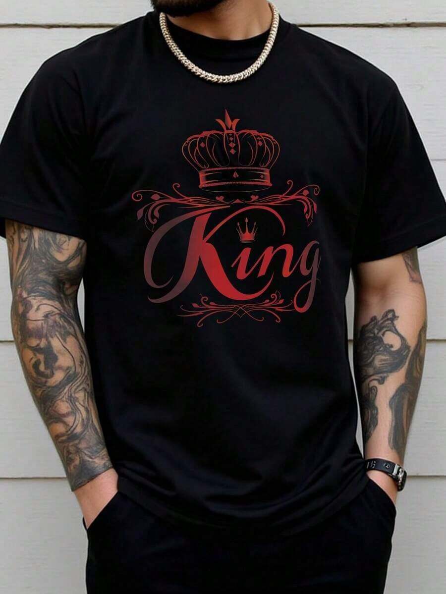 Manfinity LEGND Plus Size Men's Letter Crown Print Round Neck Short Sleeve Casual T-Shirt - Black - View 1