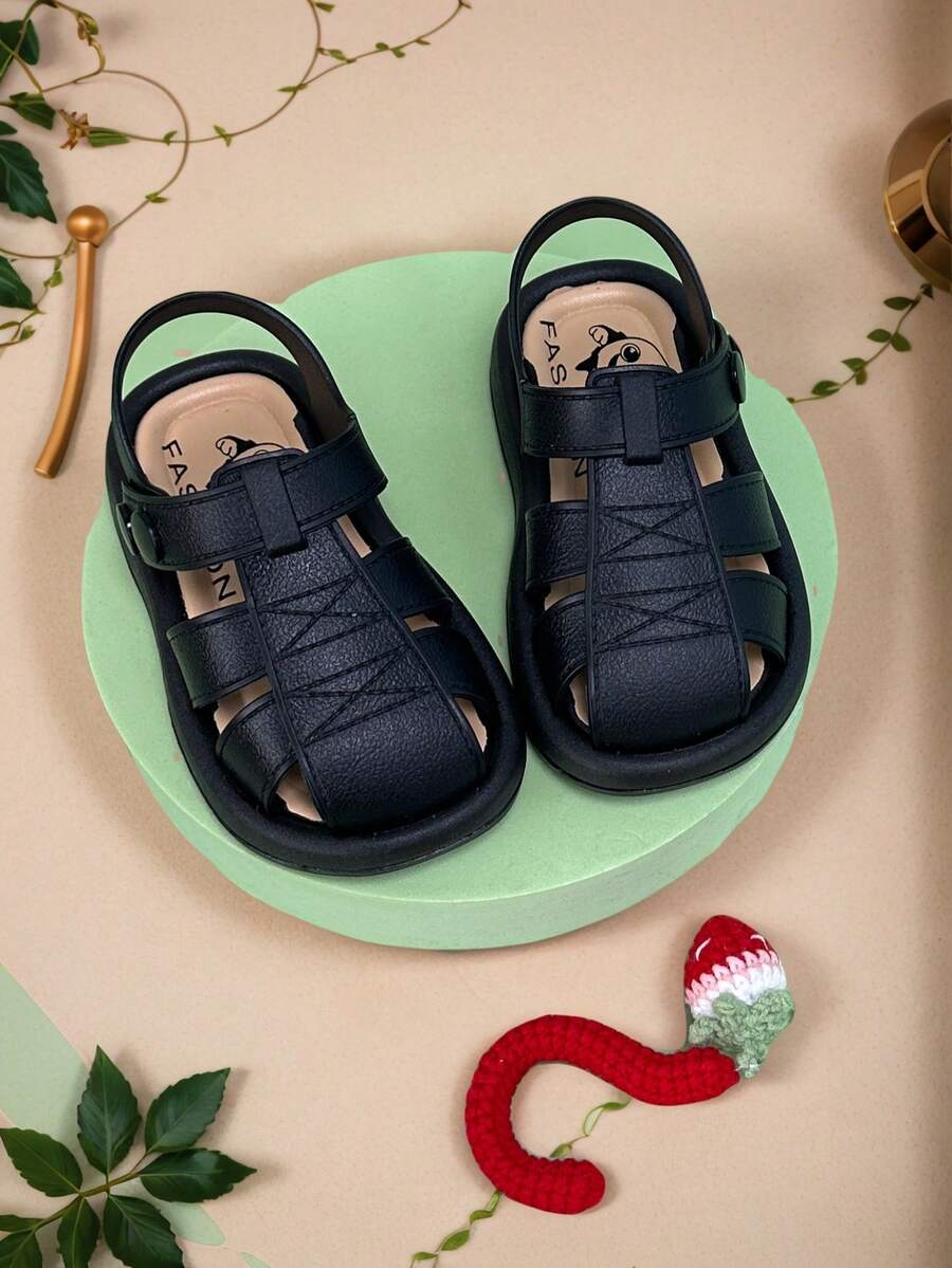 Nuevas sandalias infantiles con correa ajustable estilo de dibujos animados, adecuadas para primavera y otoño, zapatos para caminar de bebé para interiores y exteriores - Negro - Ver 1