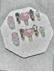 10 móng giả hình trái tim màu hồng công chúa, hình gấu hoạt hình dễ thương, hình trái tim đính kim cương, kích thước trung bình, dụng cụ làm móng có thể tháo rời (1 miếng dán dạng thạch + 1 dũa móng) - trắng - Xem 11