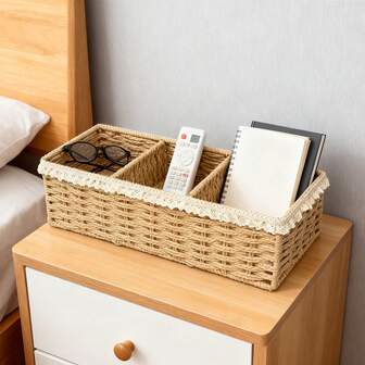 1pc Woven Storage Basket Desktop Tea Table Storage Box Snacks And Cosmetics Storage Basket Rattan Storage Box, Decorative Rustic Boho Countertop Organizer For Living Room, Bedroom, Bathroom, Vanity And Kitchen, Multipurpose Home Office And Dormitory Tidy Tray For Makeup, Skincare, Remote Controls, Tea Accessories, Fruit, Candy, Snacks, Napkins, Utensils And Craft Supplies