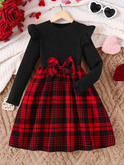 Tween Girls Valentine's Day Bow Decor Long Sleeve Round Neck Dress