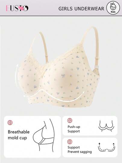 Sujetador inalámbrico con encaje floral francés para adolescentes, diseño acolchado push-up, previene el descolgamiento del busto, adecuado para niñas de 13 a 16 años