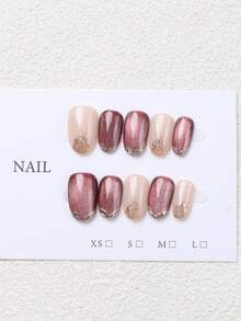 10片手工椭圆形法式按压式美甲贴片，棕色和粉色搭配金色点缀，可重复使用，适合女孩或女士在节日或特殊场合佩戴。 - 乾枯玫瑰色 - 查看 4