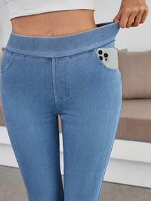 Pantalones jeggings de cintura alta para mujer, con control de abdomen, elásticos y con bolsillos - Celeste - Ver 1