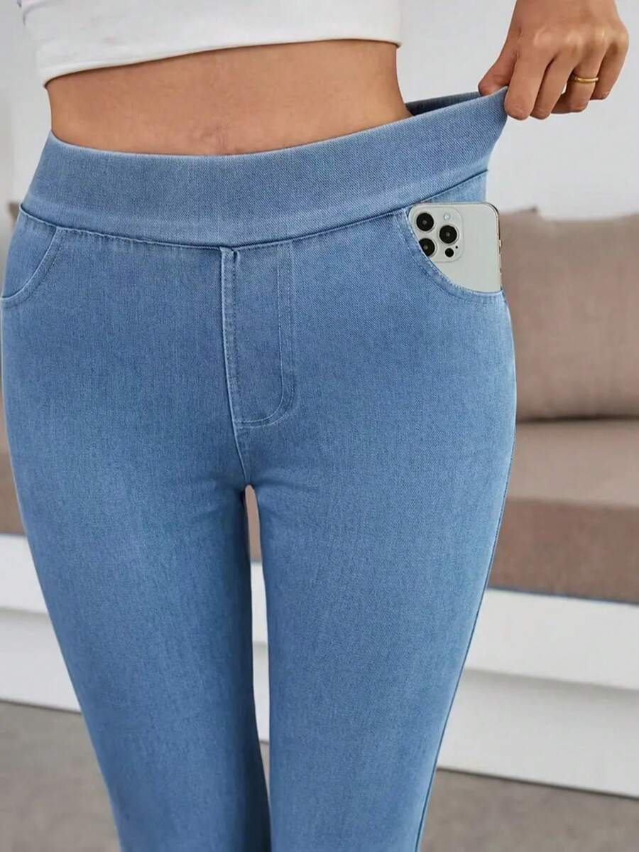 Pantalones jeggings de cintura alta para mujer, con control de abdomen, elásticos y con bolsillos - Celeste - Ver 1