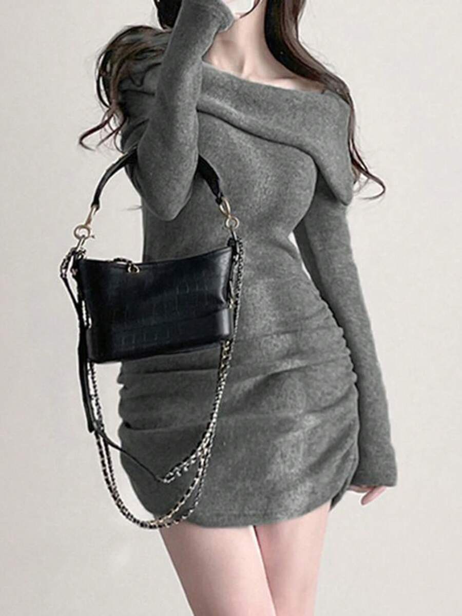 Elegant & Chic Korean Style Asymmetrical Collar Thick Waist Pleated Slim Fit Bodycon Dress - Grey - View 1
