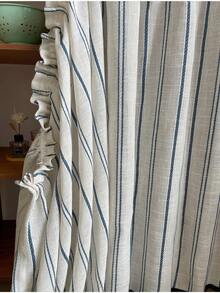 1Pc,Japanese-Style Faux Linen Blue Opaque Striped Textured Pull Pleated Tape Short Curtain Panel - Versatile For Kitchen,Dining Cabinets & Doorways,Sink Occlusion,Farmhouse Decor - Blue - View 10