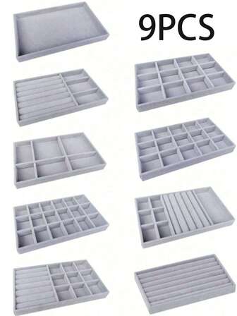 1pc/9pcs Multi-Functional Jewelry Organizer Tray, Velvet Jewelry Display Tray, Jewelry Storage Box, Jewelry Stand, Stackable Jewelry Organizer Tray, Jewelry Organizer Tray, Drawer Jewelry Display Cabinet, For Earrings, Necklaces, Bracelets, Rings