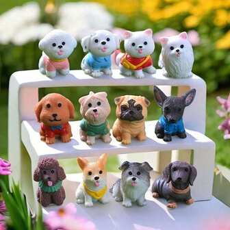 12 piezas Mini modelo de perrito Lindo adorno de perro de resina Estatua de animal Oso Corgi Decoración DIY para paisajes en miniatura, jardines de cuentos de hadas