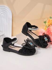 Spring New Pearl Children's Closed Toe Shoes, Bow Decor Girls Closed Toe Flats, Non-Slip Toddler/Little/Big Kids Princess Shoes - Black - View 3