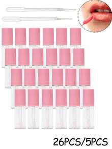 26pcs Lip Gloss Tubes Containers,3ml Clear Mini Refillable Lip Balm Bottles For DIY Makeup Lipgloss Making Kit Empty Lip Gloss Tubes - Pink - View 1