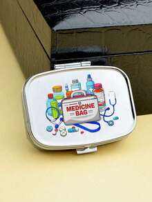 Cute Pill Bottle Letter Series Pattern Dual-Compartment Portable Pill Box, Adorable Mini Metal Storage Box, Back To School Portable Pill Box, Personalized Creative Cartoon Logo Gift - Multicolor - View 3