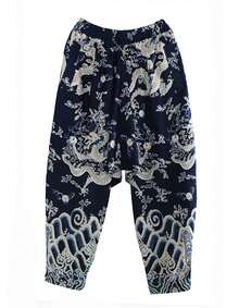 Men's Chinese Leisure Jogger Pants With Hip Hop Dragon Patterned Curved Traditional Harem Pants Baggy Sports Trousers - màu đen - Xem 8