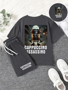 Ensemble t-shirt à col rond à manches courtes et short avec imprimé graphique de dessin animé pour garçon préadolescent - Gris foncé - Voir 2