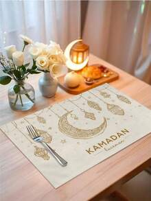 1 Caminho de Mesa com Estampa de Lua Crescente para o Ramadã, Decoração Islâmica para Casa, 4 Jogos Americanos, 1 Capa de Almofada, 3 Produtos Disponíveis, Decoração para Casa, Artigos para Festas Internas e Externas, Decoração de Ambientes. Ideal para Decoração de Cozinha e Eventos durante o Ramadã. - Multicolorido - Ver 5
