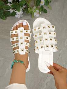1 Pair Summer New Flat Sandals, Elegant Flat Sandals, Fashionable Retro Black Sandals, Studded Women's Shoes, Beach Vacation Shoes, Elegant Goddess Preppy College Fashion Vacation Beach Bohemian Casual PU Leather Buckle Beach Holiday Wedding College Vacation Party Office Home Outdoor Spring Summer Autumn Shiny Mirror Strap Women Sandals - White - View 12