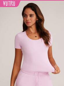 VUTRU Camiseta deportiva de cuello redondo ajustada, top corto de yoga y running - Rosa - Ver 1