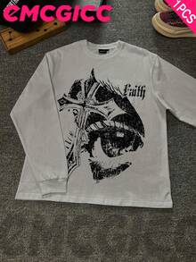 EMCGICC Manfinity Y2k Long Sleeve Shirts ,Graphic T Shirt Cotton 250g,Fashionable Hip-Hop For Men -  Long Sleeve T-Shirts, Funny Vintage Shirts,Regular Fit, Street Style, Digital Print,  Ideal Gift - 淺灰色 - 查看 1