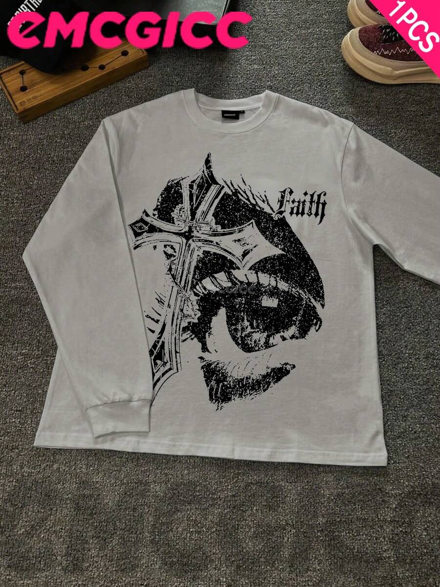 EMCGICC Manfinity Y2k Long Sleeve Shirts ,Graphic T Shirt Cotton 250g,Fashionable Hip-Hop For Men -  Long Sleeve T-Shirts, Funny Vintage Shirts,Regular Fit, Street Style, Digital Print,  Ideal Gift - 淺灰色 - 查看 1