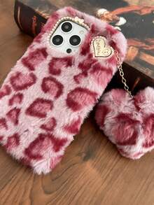 Nuevo estuche de teléfono de peluche con corazón de estampado de leopardo hecho a mano, compatible con Apple, teléfonos - Multicolor - Ver 3