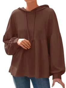 Women's Oversized Hooded Sweatshirt Casual Ruched Layered Ruffle Hem Lantern Long Sleeve Drawstring Ruffle Hem Loose Pullover - Brown - View 5