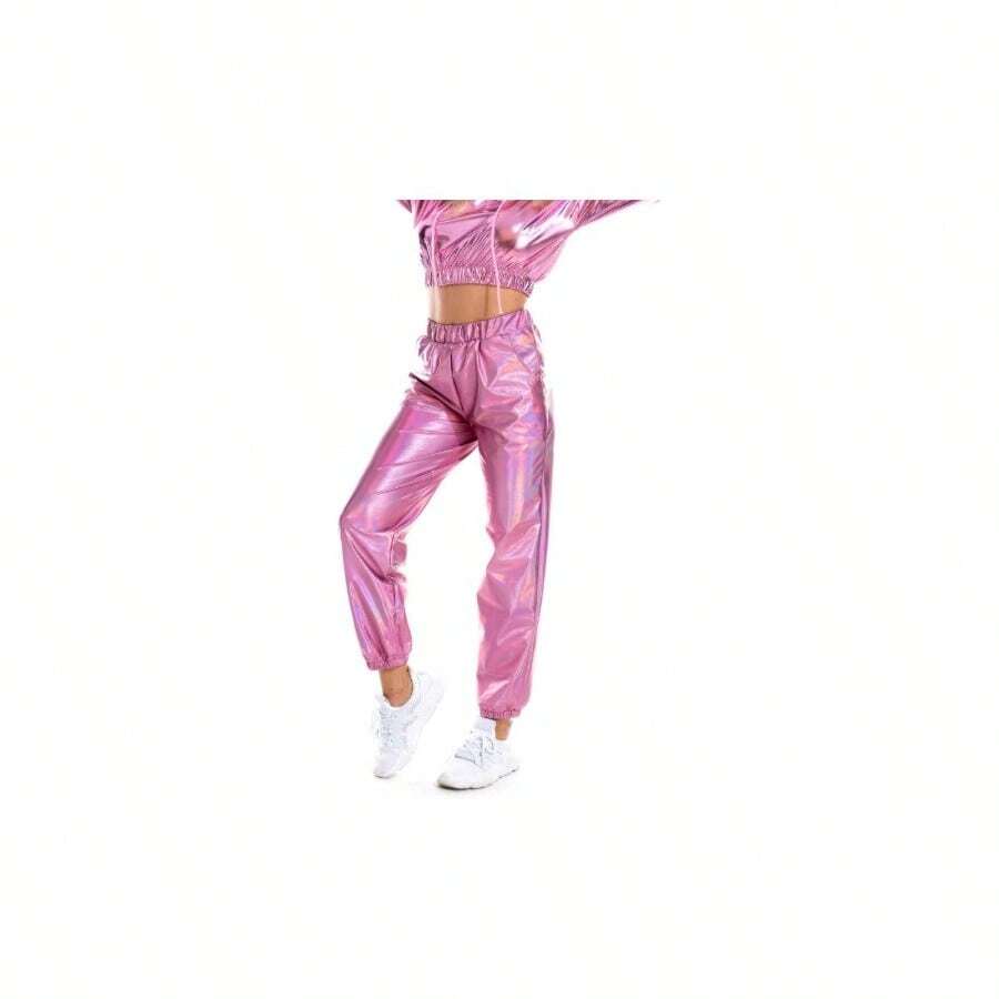 Pantalones deportivos metlicos brillantes para mujer, pantalones deportivos elsticos de cintura alta, aspecto hmedo, estilo hip hop, pantalones hologrficos, 01 - rosa, S - inicial - Ver 1